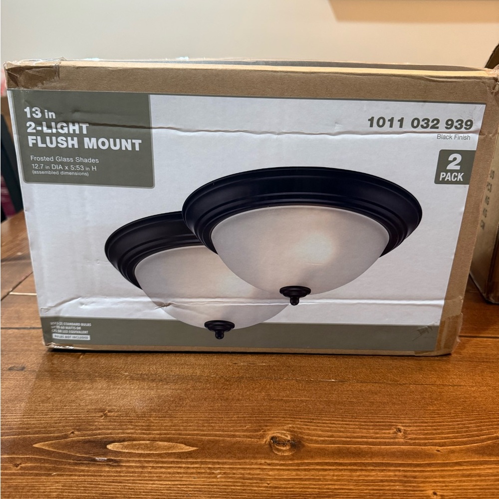 13 in 2-Light Flush Mount Ceiling Light - Black Finish, Frosted Glass